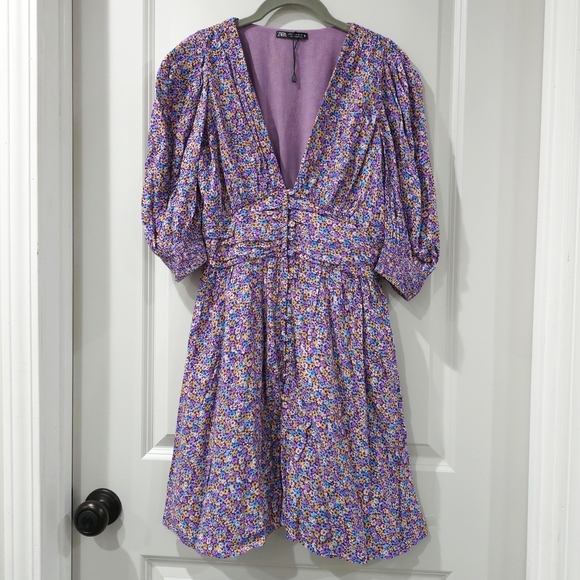 Zara Purple Blue Yellow Floral Puff Smocked Sleeve Sundress Mini, Deep Vneck, S - Picture 2 of 16